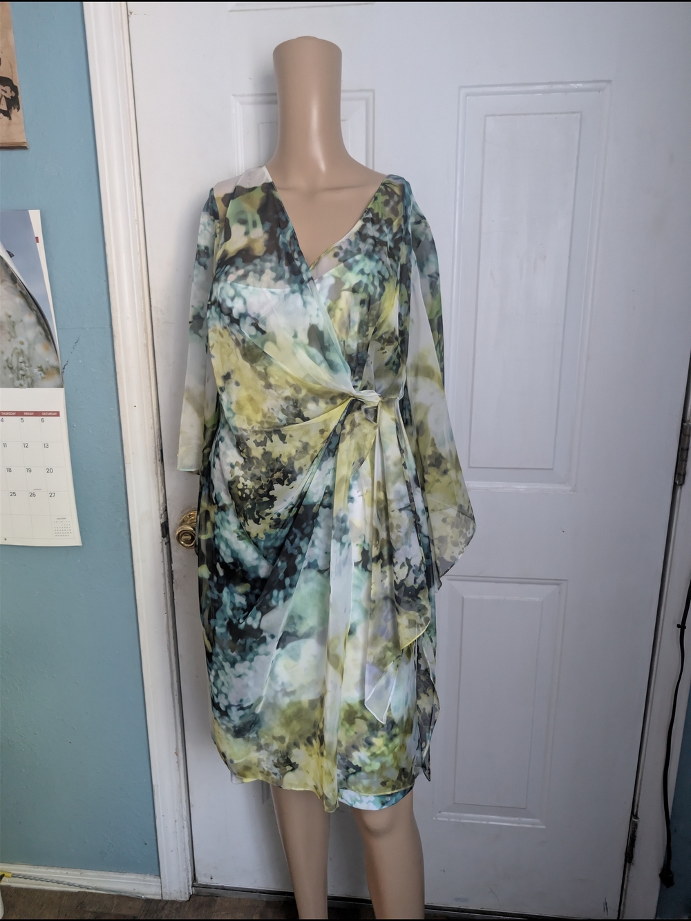 Kay Unger Floral Watercolor Wrap Dress in Green and Blue